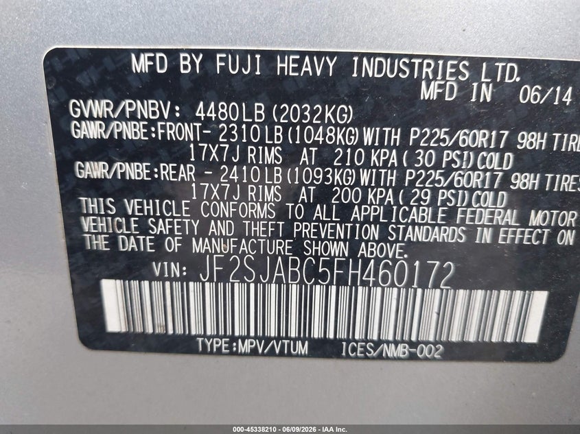 2015 Subaru Forester VIN JF2SJABC5FH460172 IAAI salvage auction — FRONT END, Clear (Tennessee), sold $800 on 2026-07-22 (photo 9)