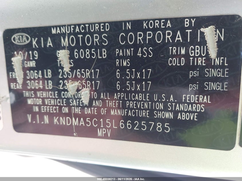 2020 Kia SEDONA VIN KNDMA5C15L6625785 IAAI salvage auction — LEFT REAR, Original (Texas), sold $3,650 on 2026-07-20 (photo 9)