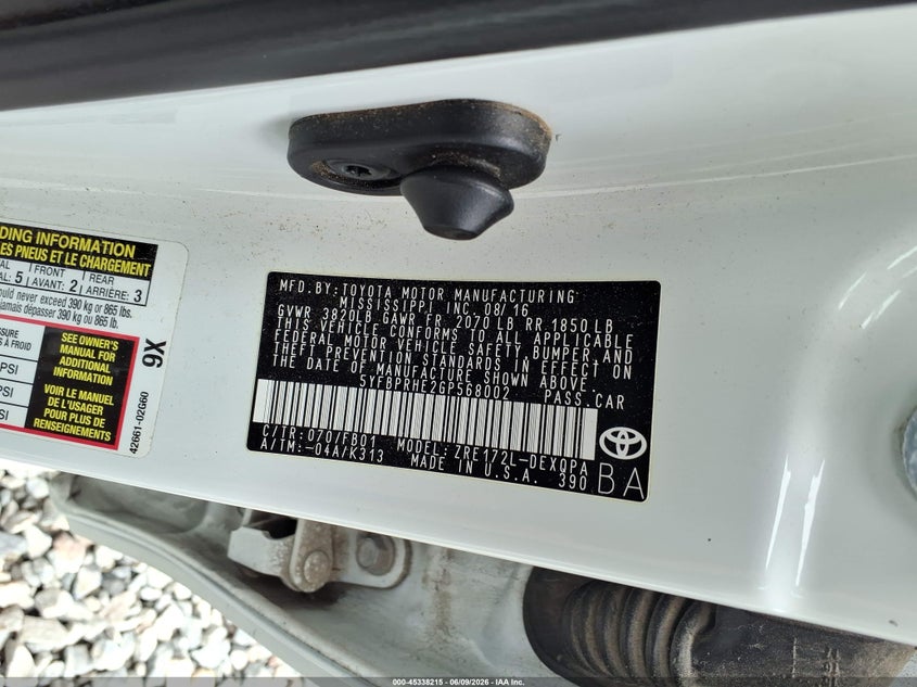 2016 Toyota Corolla VIN 5YFBPRHE2GP568002 IAAI salvage auction — NORMAL WEAR, Clear (Georgia), sold $2,750 on 2026-07-20 (photo 9)
