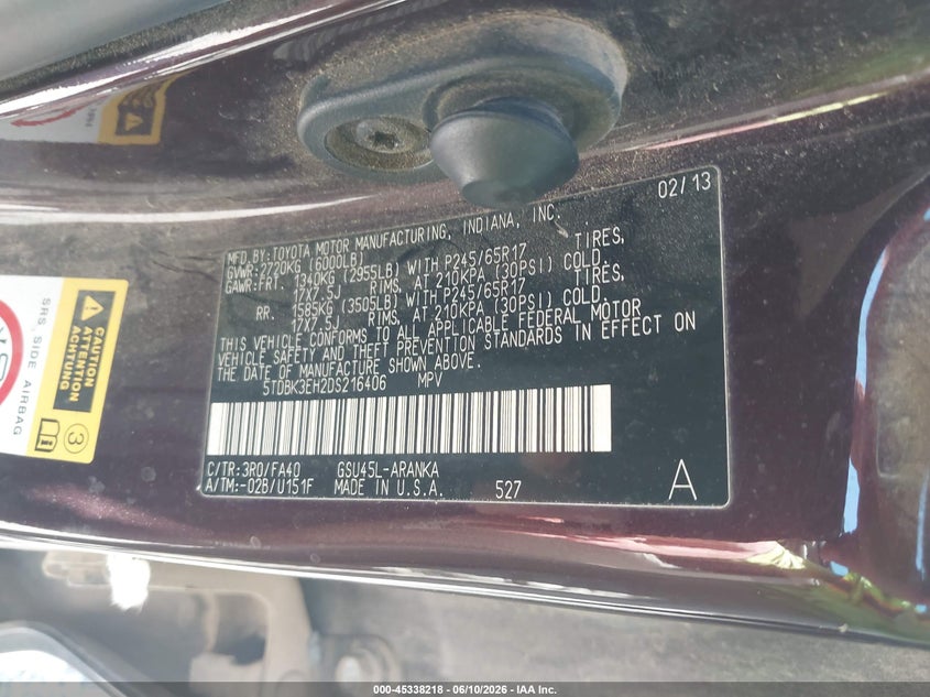 2013 Toyota Highlander VIN 5TDBK3EH2DS216406 IAAI salvage auction — NORMAL WEAR, Salvage Title, sold $25 on 2026-07-30 (photo 9)