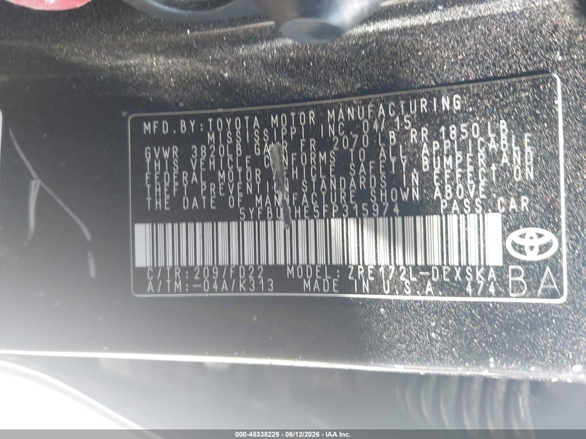 2015 Toyota Corolla VIN 5YFBURHE5FP315974 IAAI salvage auction — FRONT END, Salvage Title, sold $2,125 on 2026-07-16 (photo 9)