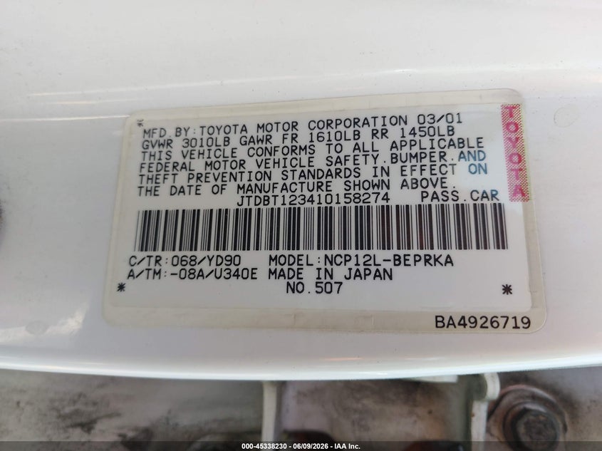 2001 Toyota Echo VIN JTDBT123410158274 IAAI salvage auction — FRONT END, Salvage (California), sold $275 on 2026-07-14 (photo 9)