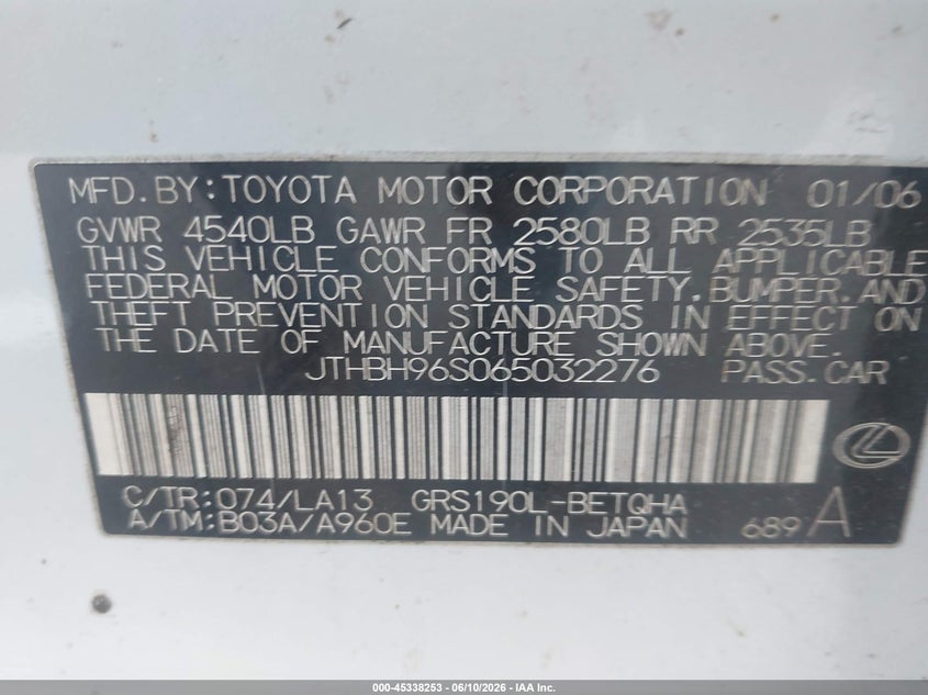 2006 Lexus Gs 300 VIN JTHBH96S065032276 IAAI salvage auction — REAR END, Original (Texas), sold $25 on 2026-07-15 (photo 9)