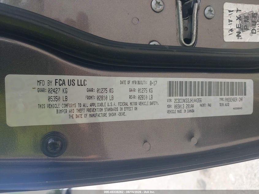 2018 Chrysler 300 VIN 2C3CCAKG3JH144356 IAAI salvage auction — UNDERCARRIAGE, Salvage Title, sold $1,150 on 2026-08-22 (photo 9)