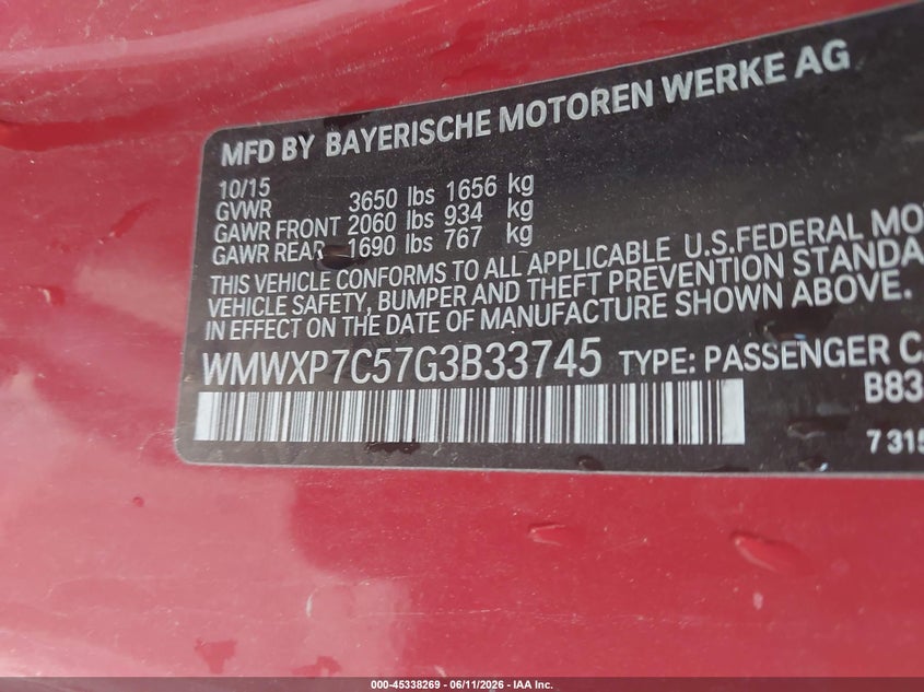 2016 Mini Hard top VIN WMWXP7C57G3B33745 IAAI salvage auction — RIGHT REAR, Original (Texas), sold $2,250 on 2026-08-11 (photo 9)