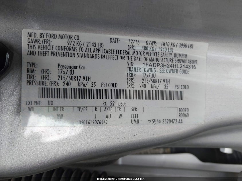 2017 Ford Focus VIN 1FADP3H24HL214316 IAAI salvage auction — RIGHT FRONT, Salvage (Texas), sold $375 on 2026-07-10 (photo 9)