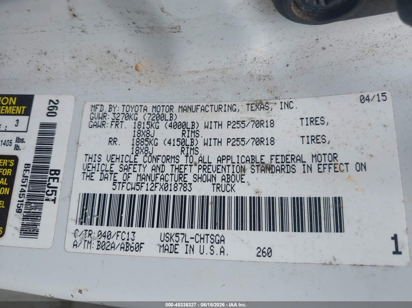 2015 Toyota Tundra VIN 5TFCW5F12FX018783 IAAI salvage auction — LEFT & RIGHT, Repossession Paperwork (Georgia), sold $3,850 on 2026-07-07 (photo 9)