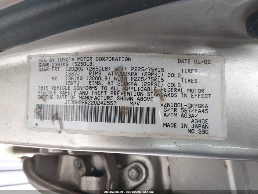2002 Toyota 4runner VIN JT3GN86R220242557 IAAI salvage auction — NORMAL WEAR, Clear (Washington), sold $1,450 on 2026-07-08 (photo 9)