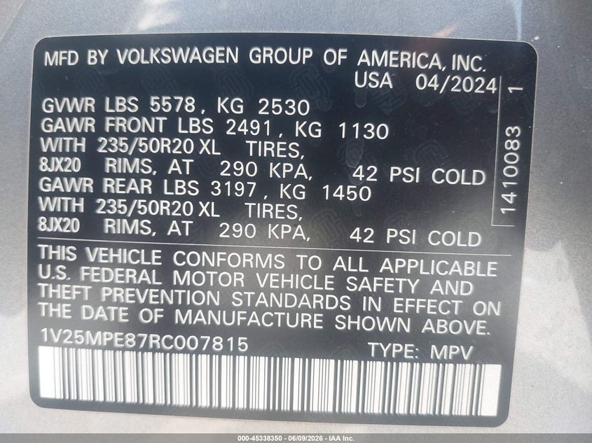 2024 Volkswagen Id.4 VIN 1V25MPE87RC007815 IAAI salvage auction — RIGHT SIDE, Salvage (California), sold $11,200 on 2026-07-29 (photo 9)