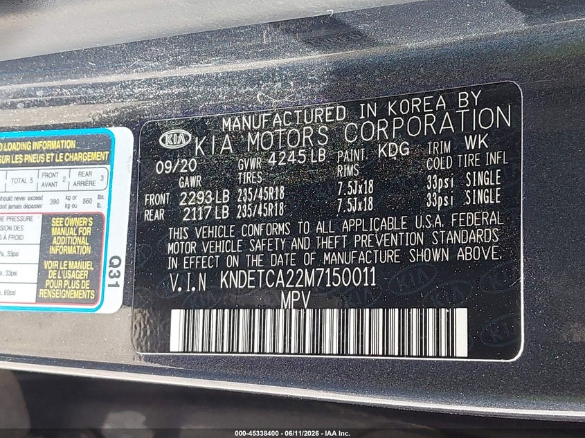 2021 Kia Seltos VIN KNDETCA22M7150011 IAAI salvage auction — SIDE, Salvage Title, sold $3,300 on 2026-08-02 (photo 9)