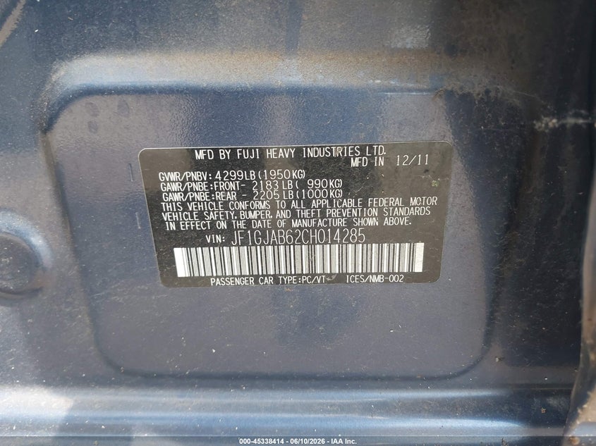 2012 Subaru Impreza VIN JF1GJAB62CH014285 IAAI salvage auction — STORM DAMAGE, Salvage (Indiana), sold $375 on 2026-07-28 (photo 9)