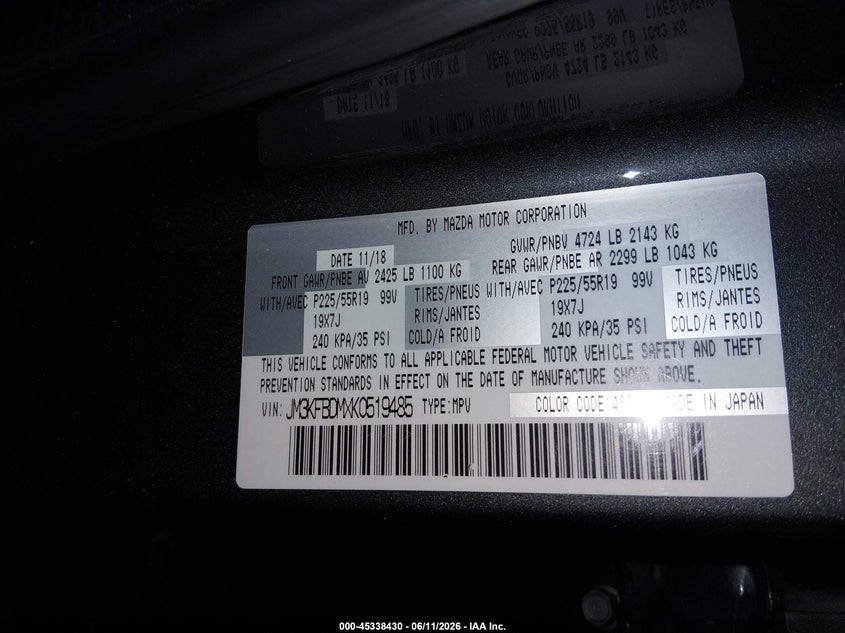 2019 Mazda Cx-5 VIN JM3KFBDMXK0519485 IAAI salvage auction — FRONT END, Salvage Title, sold $6,225 on 2026-07-17 (photo 9)