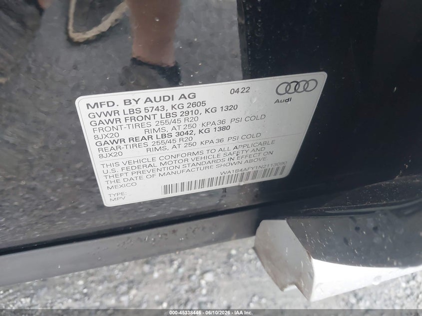 2022 Audi Sq5 VIN WA1B4AFY1N2113090 IAAI salvage auction — REAR END, Salvage (Georgia), sold $19,900 on 2026-07-28 (photo 9)