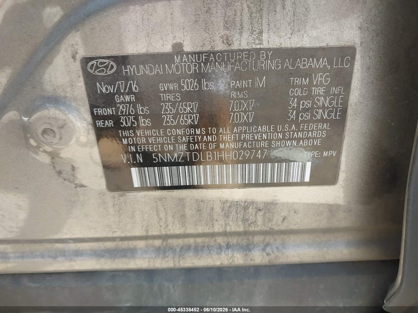 2017 Hyundai Santa fe VIN 5NMZTDLB1HH029747 IAAI salvage auction — FRONT END, Salvage (New Jersey), sold $875 on 2026-07-26 (photo 9)