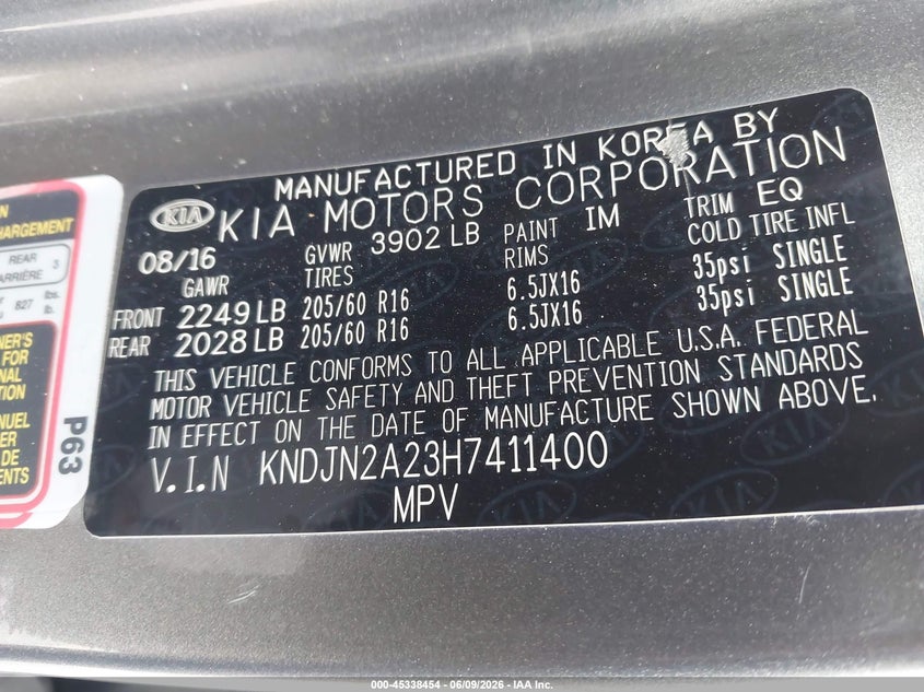 2017 Kia Soul VIN KNDJN2A23H7411400 IAAI salvage auction — FRONT & REAR, Salvage Title, sold $575 on 2026-07-27 (photo 9)