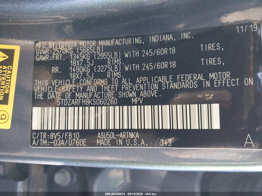 2019 Toyota Highlander VIN 5TDZARFH8KS060260 IAAI salvage auction — RIGHT SIDE, Clear (Texas), sold $6,150 on 2026-07-14 (photo 9)