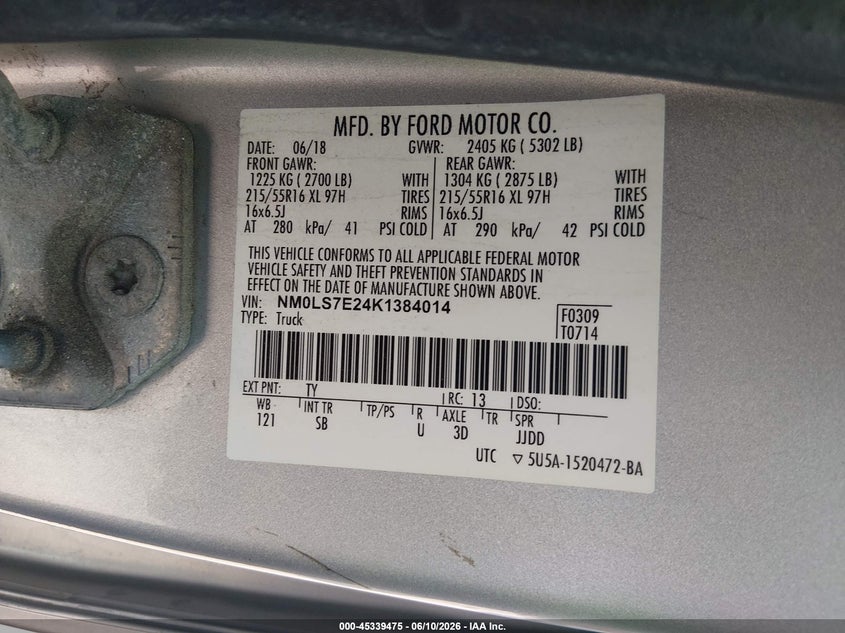 2019 Ford Transit VIN NM0LS7E24K1384014 IAAI salvage auction — FRONT END, Salvage Title, sold $325 on 2026-07-29 (photo 9)