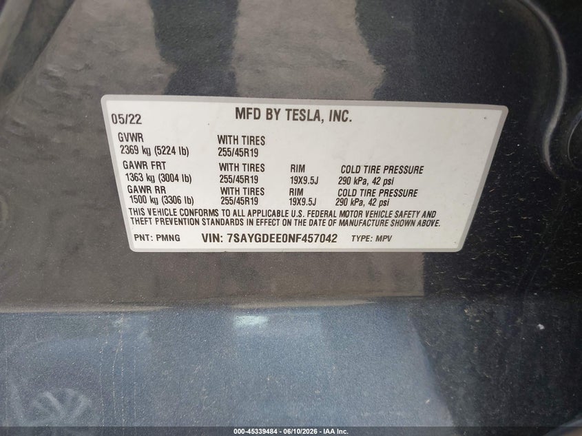 2022 Tesla Model y VIN 7SAYGDEE0NF457042 IAAI salvage auction — FRONT END, Salvage Title, sold $7,975 on 2026-09-03 (photo 9)