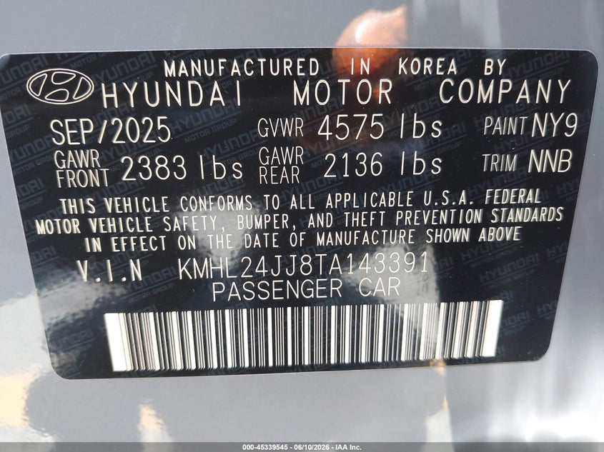 2026 Hyundai Sonata VIN KMHL24JJ8TA143391 IAAI salvage auction — RIGHT SIDE, Salvage (California), sold $8,475 on 2026-07-28 (photo 9)