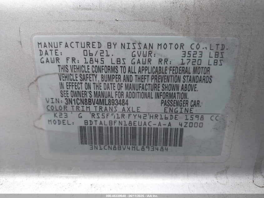 2021 Nissan Versa VIN 3N1CN8BV4ML893484 IAAI salvage auction — REAR END, Salvage Title, sold $4,800 on 2026-08-01 (photo 9)