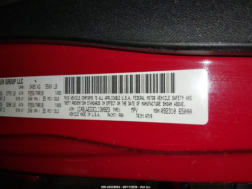 2012 Jeep Wrangler / VIN 1C4BJWEG3CL130923 IAAI salvage auction — ROLLOVER, Salvage Title, sold $1,775 on 2026-07-31 (photo 9)