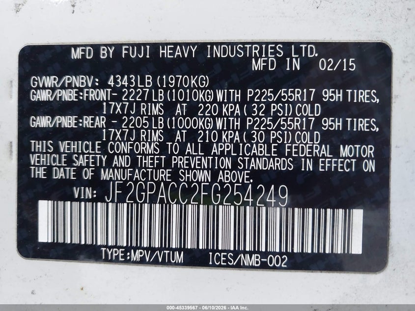 2015 Subaru Xv VIN JF2GPACC2FG254249 IAAI salvage auction — NORMAL WEAR, Clear - Dealer Only (California), sold $850 on 2026-07-14 (photo 9)