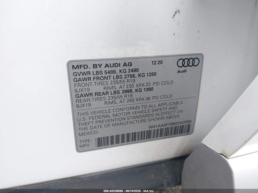 2021 Audi Q5 VIN WA1AAAFY9M2042093 IAAI salvage auction — FRONT & REAR, Salvage (Idaho), sold $8,000 on 2026-07-29 (photo 9)