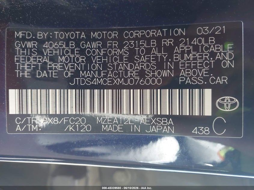 2021 Toyota Corolla VIN JTDS4MCEXMJ076000 IAAI salvage auction — LEFT SIDE, Salvage (Tennessee), sold $4,550 on 2026-07-09 (photo 9)