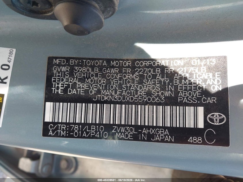 2013 Toyota Prius VIN JTDKN3DUXD5590063 IAAI salvage auction — FRONT END, Salvage (Arizona), sold $3,450 on 2026-07-09 (photo 9)