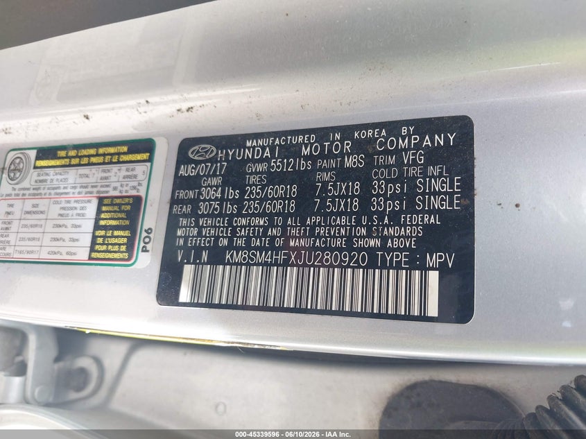 2018 Hyundai Santa fe VIN KM8SM4HFXJU280920 IAAI salvage auction — FRONT END, Salvage (Texas), sold $1,800 on 2026-08-02 (photo 9)