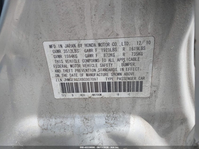 2011 Honda Fit VIN JHMGE8G3XBC007097 IAAI salvage auction — SIDE, Mv-907A (New York), sold $425 on 2026-07-21 (photo 9)