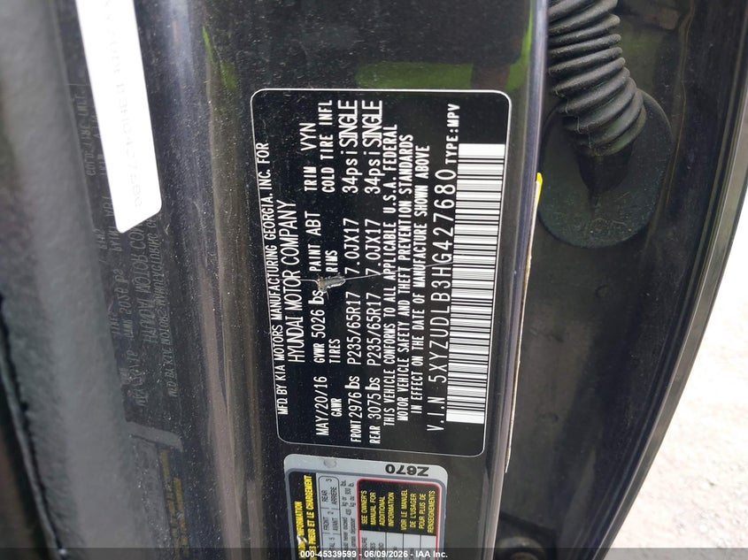 2017 Hyundai Santa fe VIN 5XYZUDLB3HG427680 IAAI salvage auction — FRONT END, Mv-907A (New York), sold $2,600 on 2026-07-22 (photo 9)