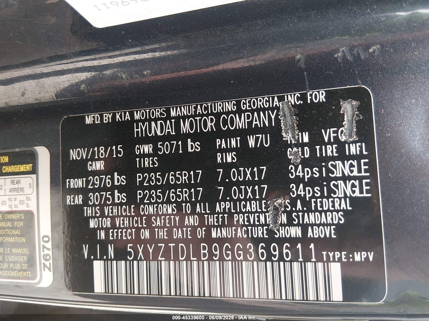 2016 Hyundai Santa fe VIN 5XYZTDLB9GG369611 IAAI salvage auction — NORMAL WEAR, Salvage Title, sold $1,900 on 2026-07-09 (photo 9)