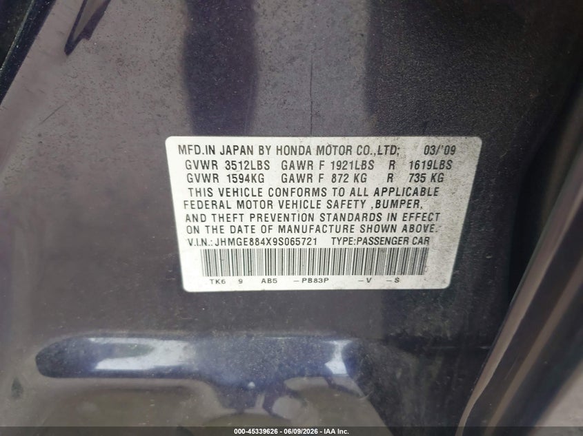 2009 Honda Fit VIN JHMGE884X9S065721 IAAI salvage auction — FRONT END, Rebuildable (Florida), sold $1,600 on 2026-07-09 (photo 9)