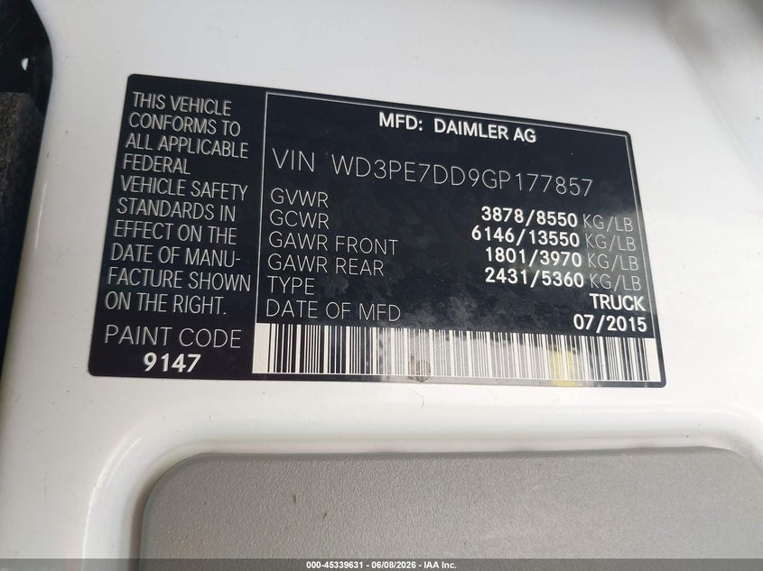 2016 Mercedes-benz Sprinter VIN WD3PE7DD9GP177857 IAAI salvage auction — NORMAL WEAR, Clear (Florida), sold $5,100 on 2026-07-09 (photo 9)