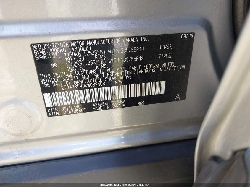 2019 Toyota Rav4 VIN 2T3A1RFV0KW082108 IAAI salvage auction — FRONT END, Rebuildable (Florida), sold $10,950 on 2026-07-09 (photo 9)