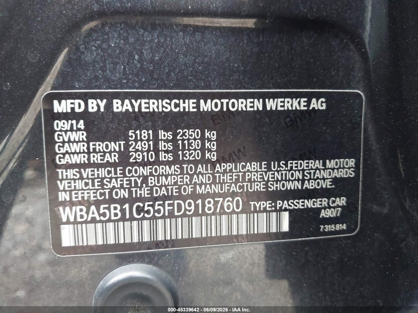 2015 BMW 5er VIN WBA5B1C55FD918760 IAAI salvage auction — FRONT END, Salvage (Georgia), sold $1,400 on 2026-07-31 (photo 9)
