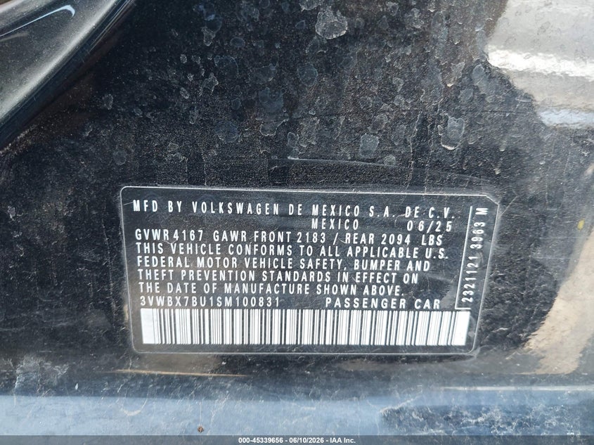 2025 Volkswagen Jetta VIN 3VWBX7BU1SM100831 IAAI salvage auction — REAR END, Original (Texas), sold $7,700 on 2026-09-18 (photo 9)