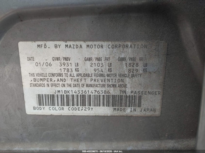 2006 Mazda 3 VIN JM1BK143361476386 IAAI salvage auction — FRONT END, Salvage (Georgia), sold $200 on 2026-07-15 (photo 9)