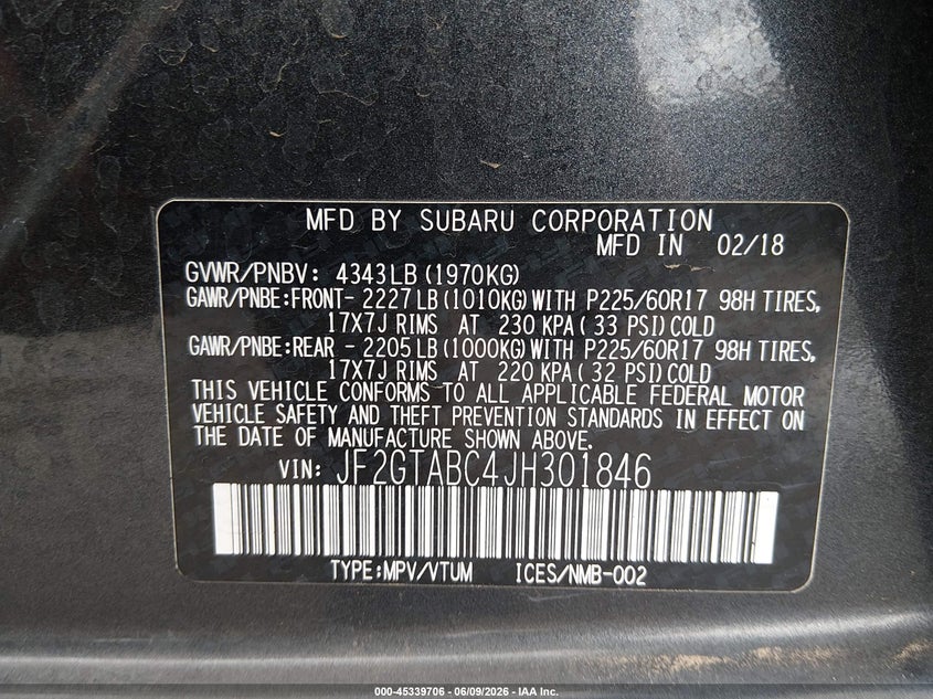 2018 Subaru Xv VIN JF2GTABC4JH301846 IAAI salvage auction — FRONT & REAR, Salvage (New Mexico), sold $2,750 on 2026-07-29 (photo 9)