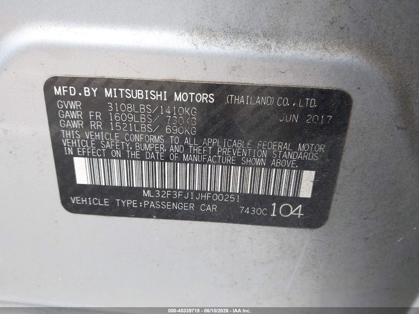 2018 Mitsubishi Mirage VIN ML32F3FJ1JHF00251 IAAI salvage auction — RIGHT FRONT, Salvage (North Carolina), sold $1,350 on 2026-07-23 (photo 9)