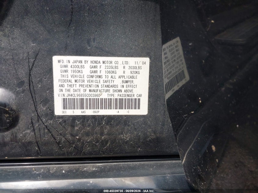2005 Acura Tsx VIN JH4CL96855C003860 IAAI salvage auction — HAIL, Salvage (Iowa), sold $550 on 2026-07-06 (photo 9)