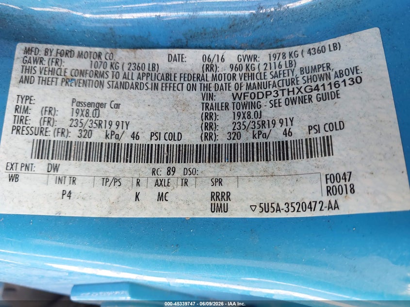 2016 Ford Focus rs VIN WF0DP3THXG4116130 IAAI salvage auction — LEFT SIDE, Salvage (California), sold $2,500 on 2026-07-13 (photo 9)