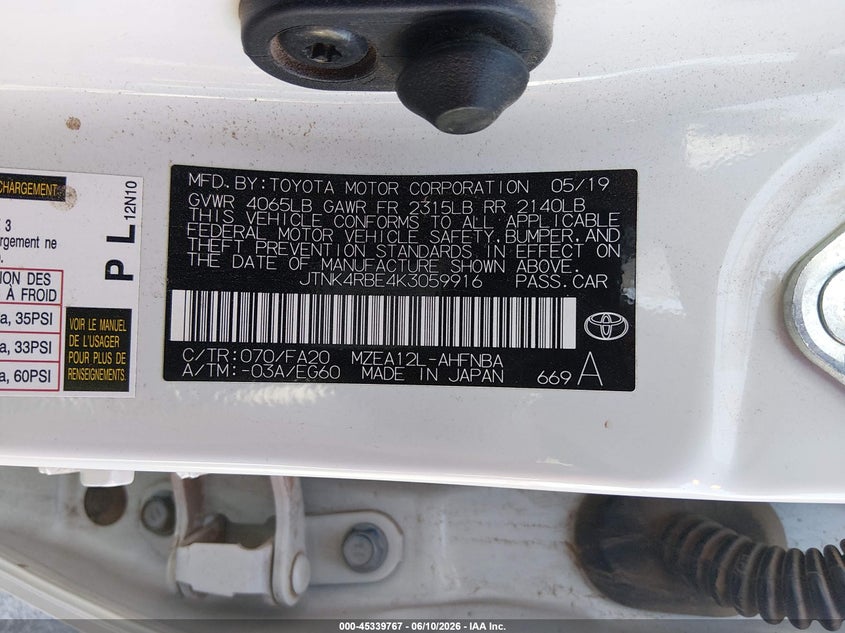 2019 Toyota Corolla VIN JTNK4RBE4K3059916 IAAI salvage auction — LEFT FRONT, Salvage Title, sold $5,000 on 2026-07-31 (photo 9)
