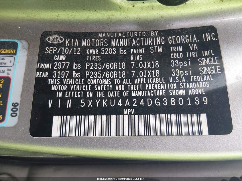 2013 Kia Sorento VIN 5XYKU4A24DG380139 IAAI salvage auction — FRONT END, Salvage Title, sold $350 on 2026-07-29 (photo 9)