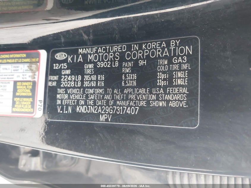 2016 Kia Soul VIN KNDJN2A29G7317407 IAAI salvage auction — RIGHT REAR, Salvage Title, sold $25 on 2026-07-28 (photo 9)