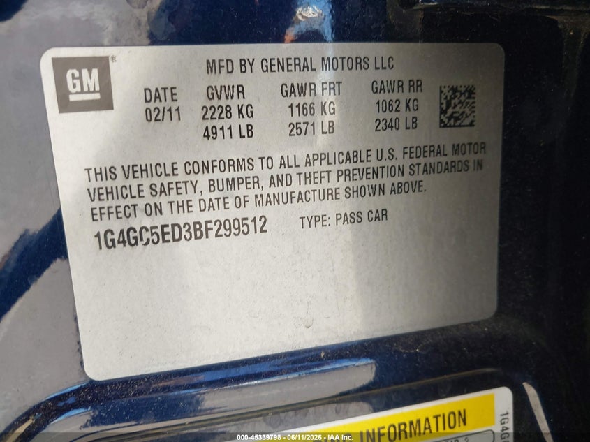 2011 Buick Lacrosse VIN 1G4GC5ED3BF299512 IAAI salvage auction — FRONT END, Salvage (California), sold $300 on 2026-07-10 (photo 9)