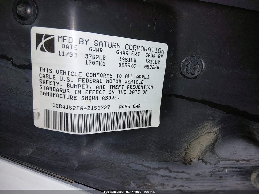 2004 Saturn Ion VIN 1G8AJ52F64Z151727 IAAI salvage auction — FRONT END, Salvage (Idaho), sold $75 on 2026-07-10 (photo 9)