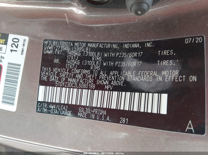 2020 Toyota Sienna VIN 5TDYZ3DC2LS080188 IAAI salvage auction — FRONT END, Salvage (West Virginia), sold $25 on 2026-07-29 (photo 9)
