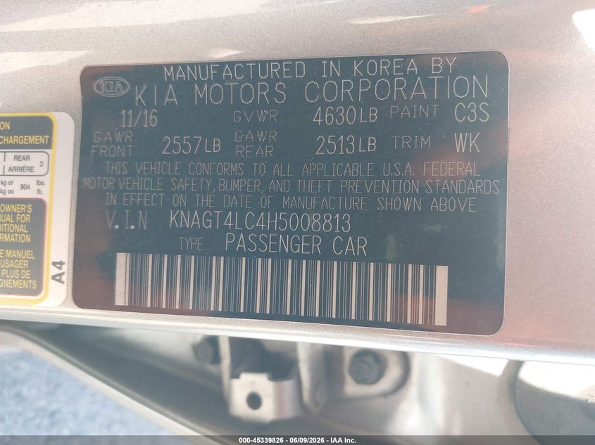 2017 Kia Optima VIN KNAGT4LC4H5008813 IAAI salvage auction — RIGHT SIDE, Salvage Title, sold $1,425 on 2026-07-14 (photo 9)